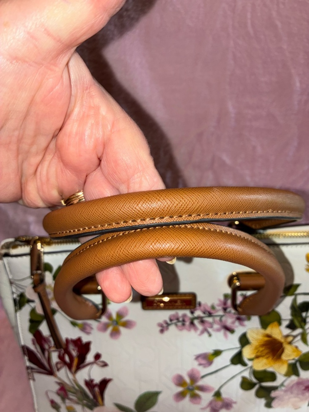EUC! Beautiful Calvin Klein Monogram Floral Satchel/Crossbody w/Brown Strap - Picture 4 of 11